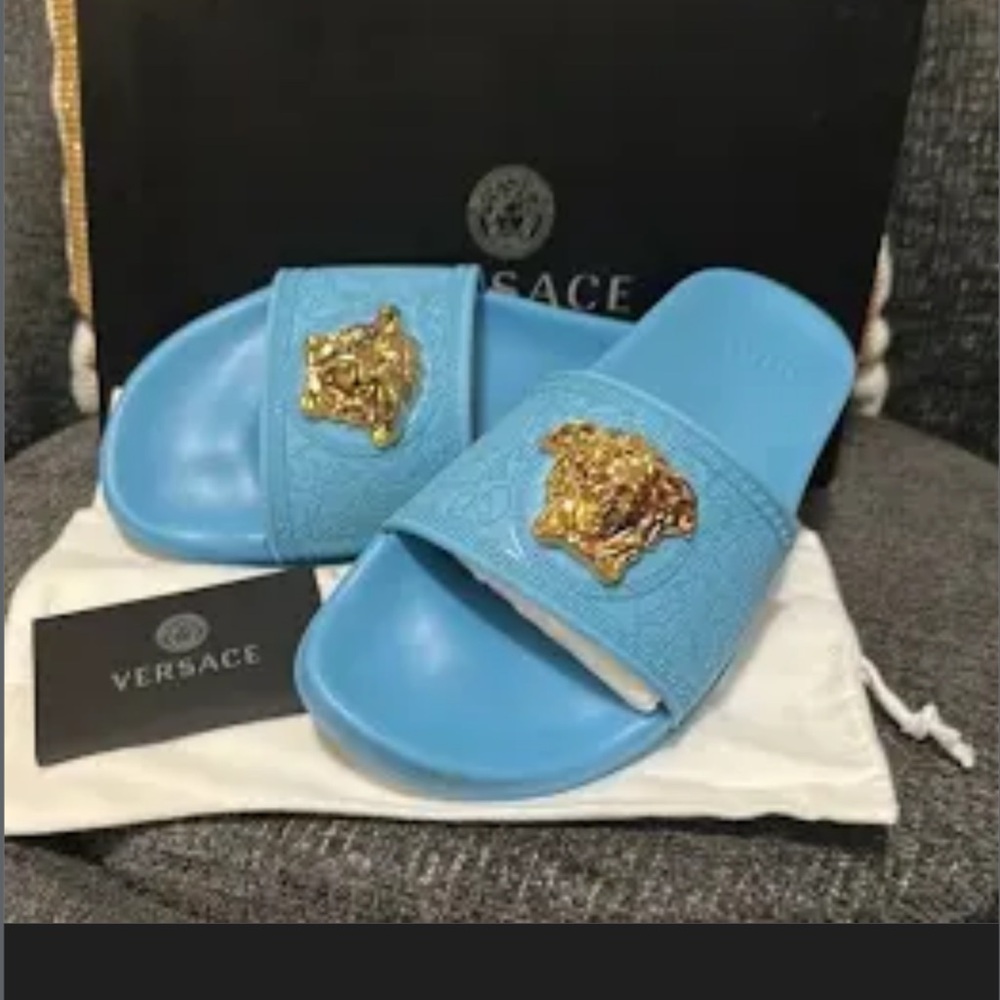 Versace Blue and Gold Women's Slippers